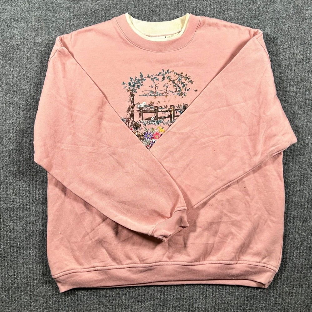 Bobbie Brooks Sweatshirt Womens Large Pink Garden Picnic Graphic USA Vintage